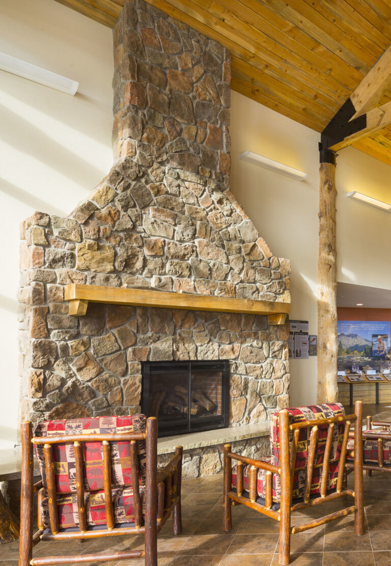 moss stone veneer on interior fireplace