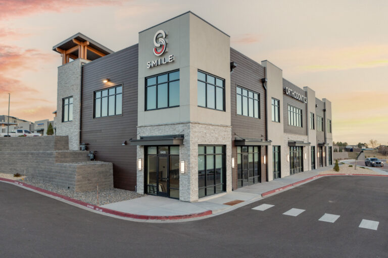 commercial building exterior, smile orthodontics, glacier dry stack ledge sunset stone veneer