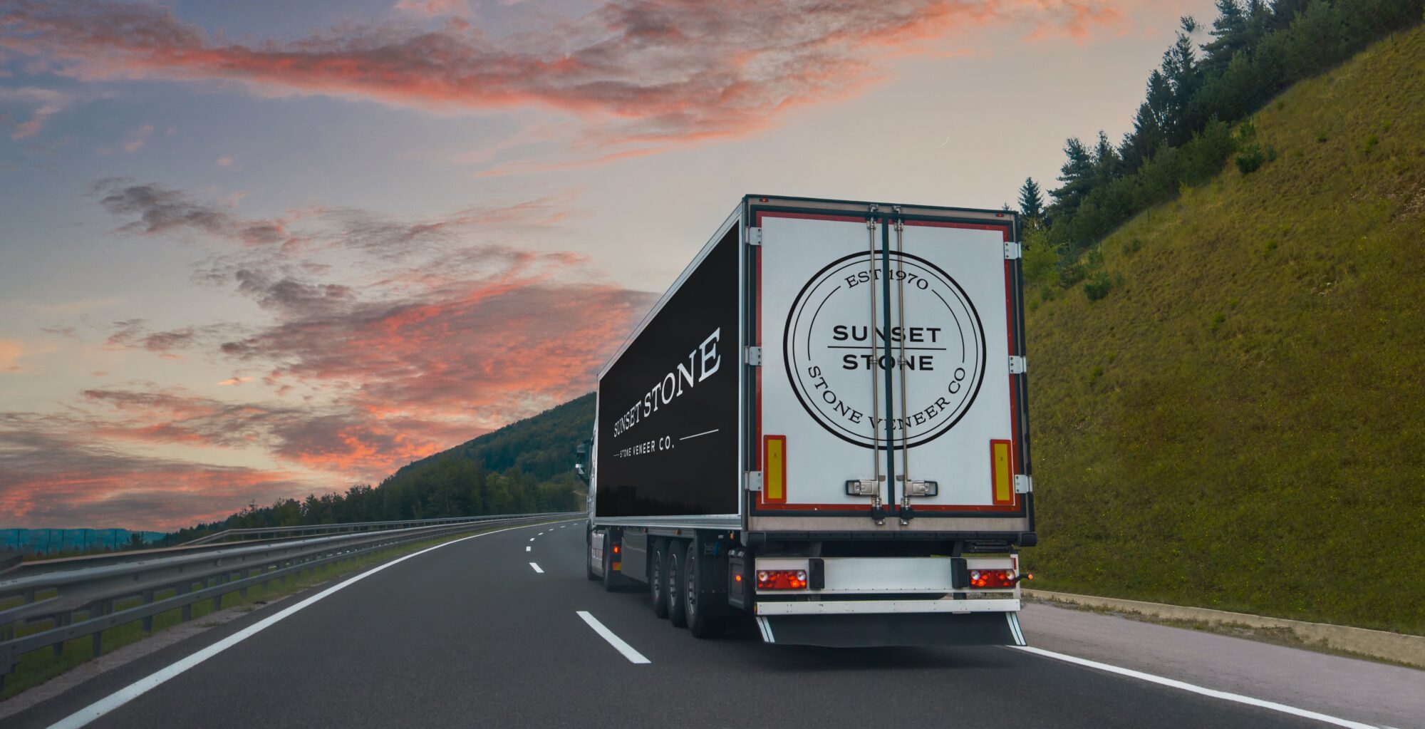 sunset stone Semi truck with trailer on highway road
